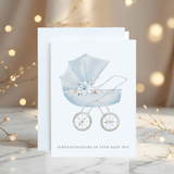 Personalised New Baby Pram Card: Blue or Pink Congratulations - Rainbowprint.uk
