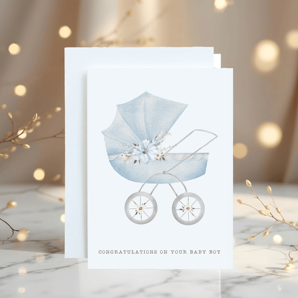 Personalised New Baby Pram Card: Blue or Pink Congratulations - Rainbowprint.uk