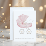 Personalised New Baby Pram Card: Blue or Pink Congratulations - Rainbowprint.uk
