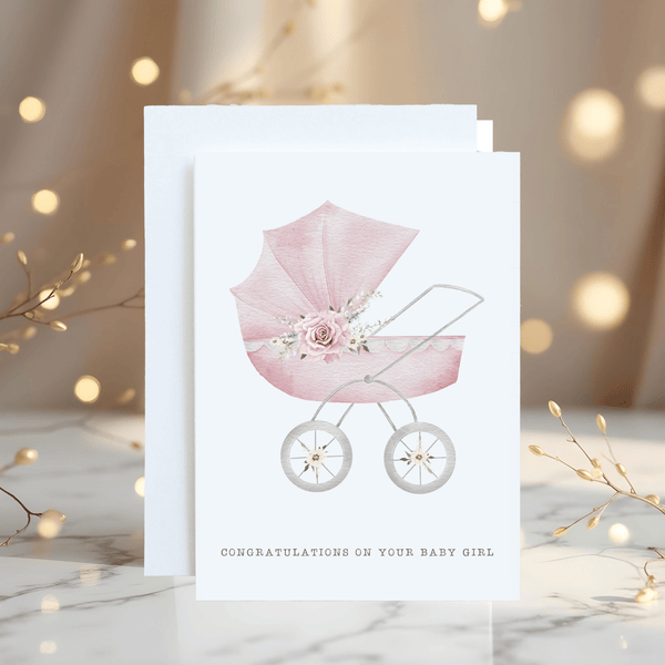 Personalised New Baby Pram Card: Blue or Pink Congratulations - Rainbowprint.uk