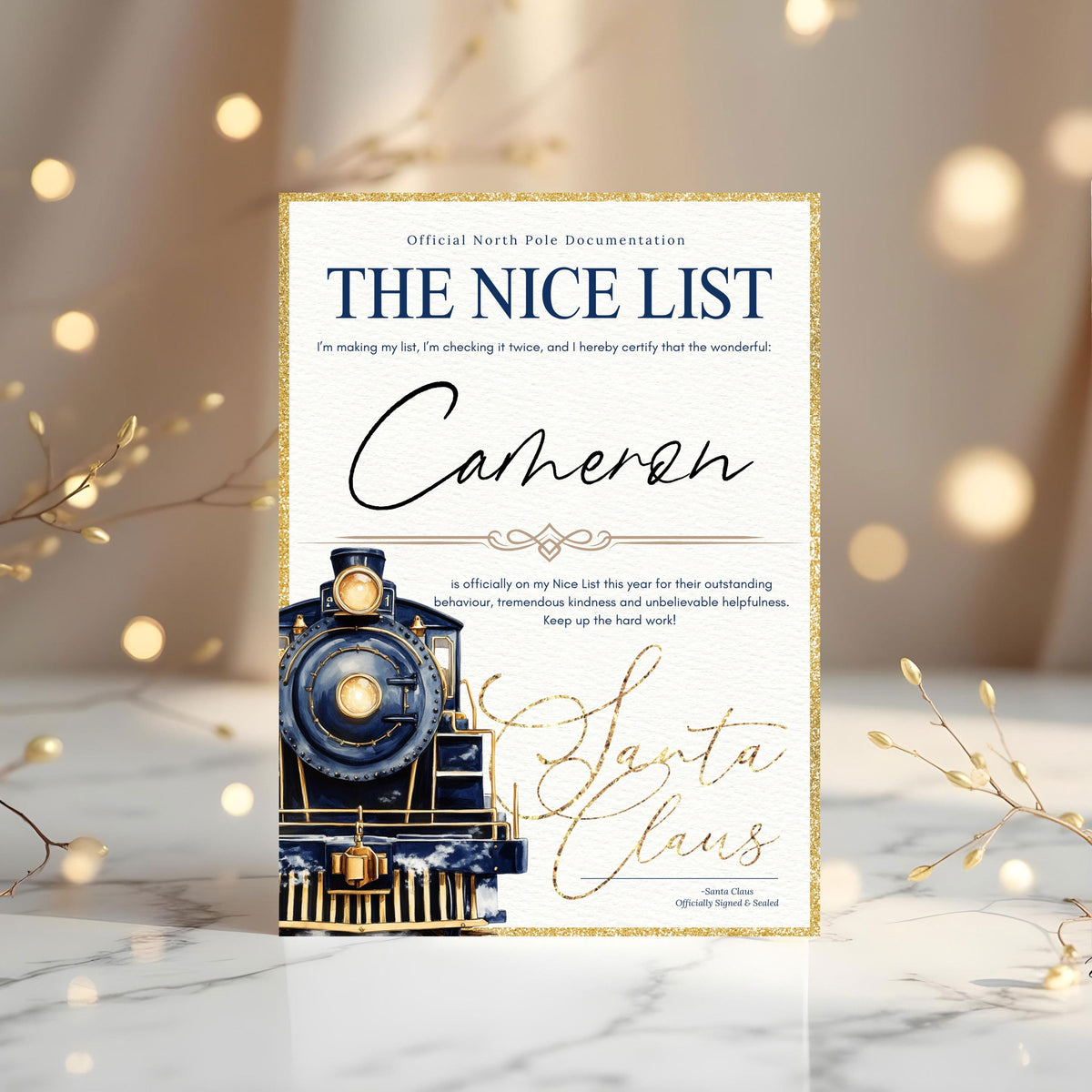 Personalised Santa's Nice List Certificate – Steam Train Keepsake - Rainbowprint.uk