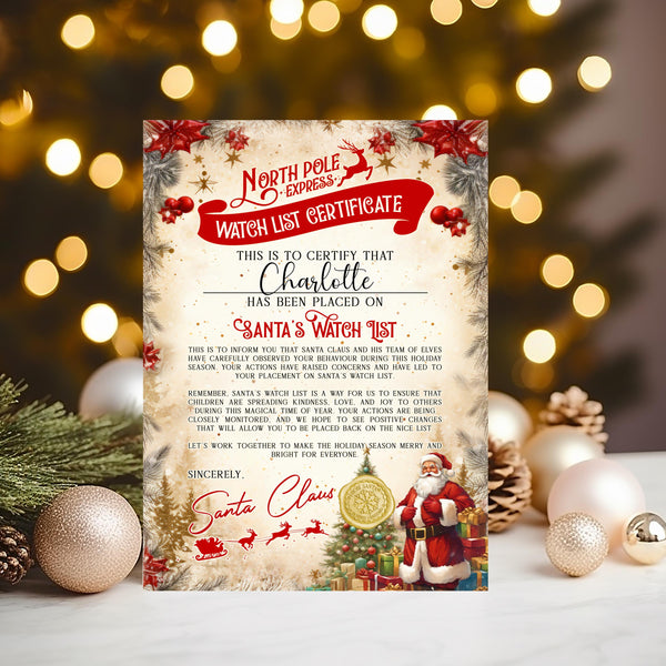 Personalised Santa's Watch List Certificate, Christmas Keepsake (A4) - Rainbowprint.uk