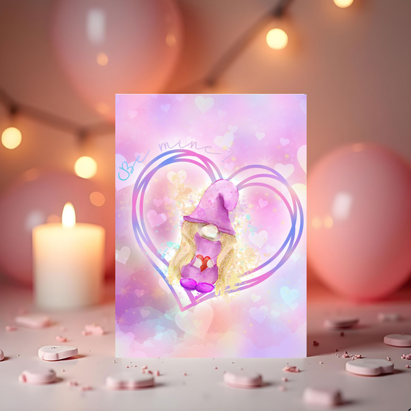 Personalised Valentines Gnome Card: Be Mine, A5 Glossy Card - Rainbowprint.uk