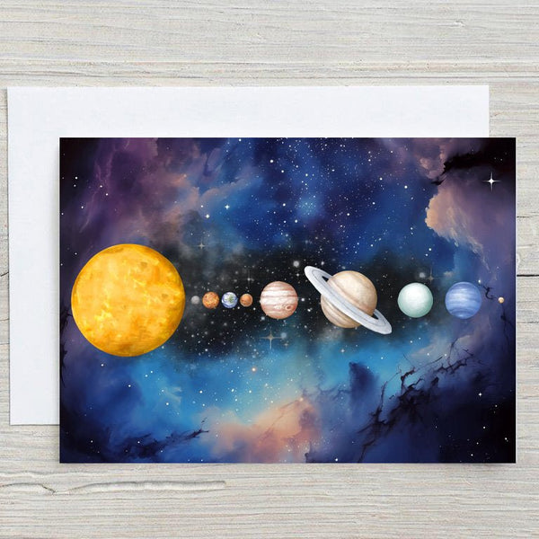 Planets Greeting Card: Space Theme, Sun, Moon, Mars, Jupiter, can be personalised - Rainbowprint.uk