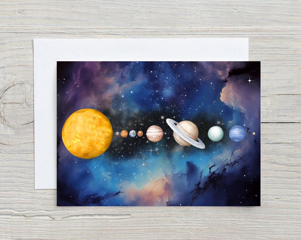 Planets Greeting Card: Space Theme, Sun, Moon, Mars, Jupiter, can be personalised - Rainbowprint.uk