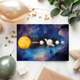 Planets Greeting Card: Space Theme, Sun, Moon, Mars, Jupiter, can be personalised - Rainbowprint.uk