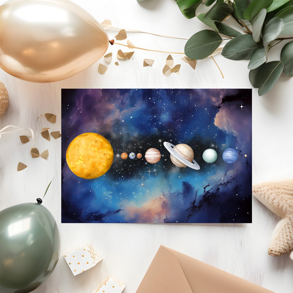 Planets Greeting Card: Space Theme, Sun, Moon, Mars, Jupiter, can be personalised - Rainbowprint.uk