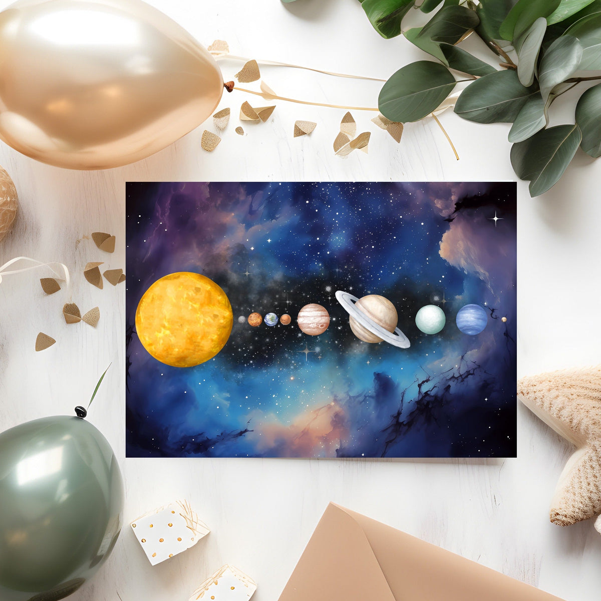 Planets Greeting Card: Space Theme, Sun, Moon, Mars, Jupiter, can be personalised - Rainbowprint.uk