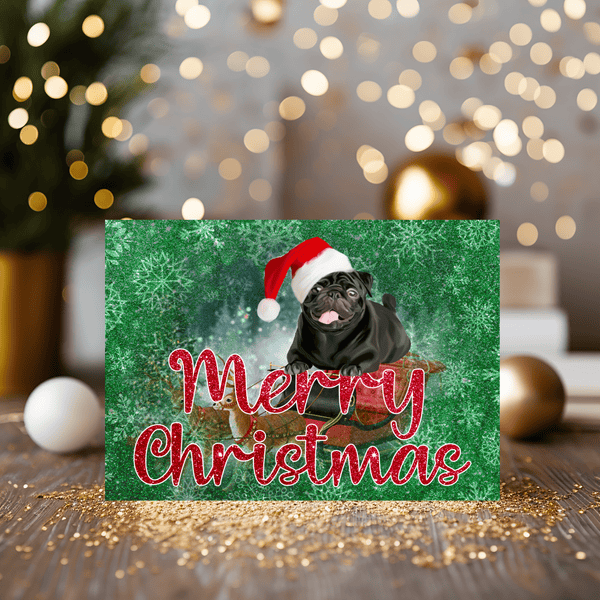 Pug Dog Christmas Personalised Greetings Card, any name on the front - Rainbowprint.uk
