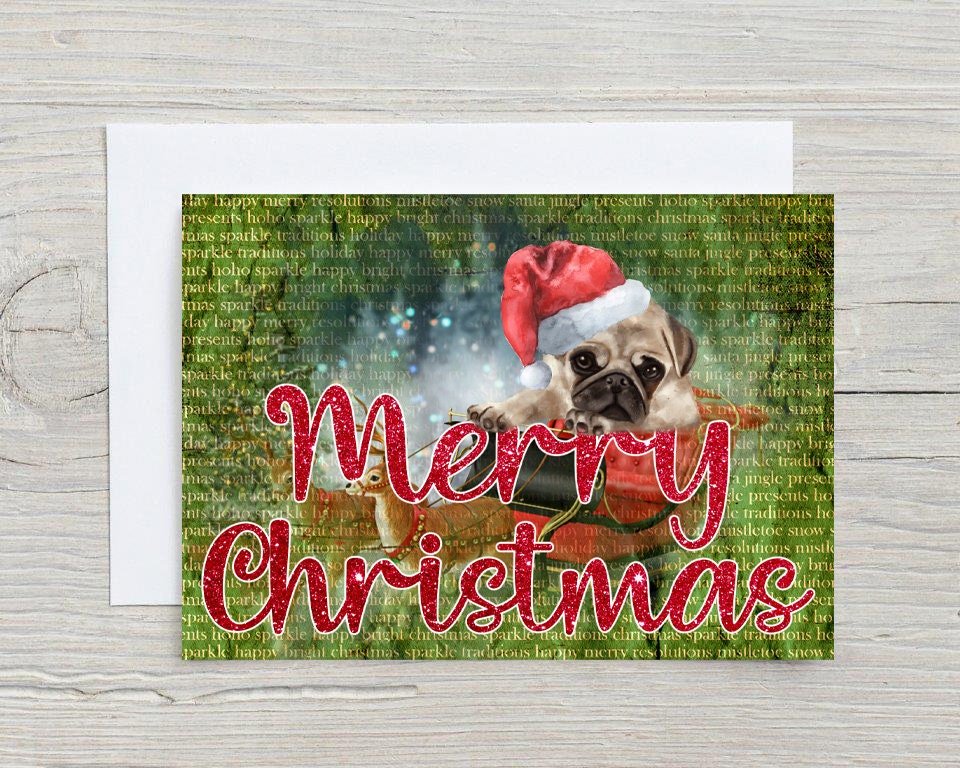 Pug Dog Personalised Christmas Card, can have any name on the front - Rainbowprint.uk