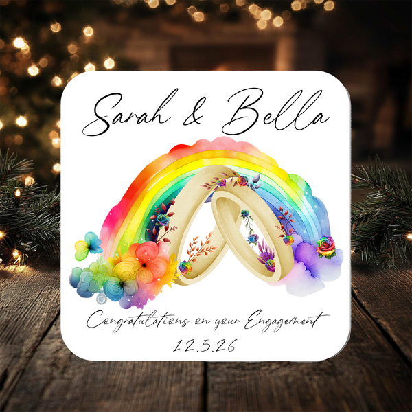 Rainbow Congratulations on Your Engagement Coaster personalised with any Wording, Message - ideal gift - Pride - LGBTQ - Rainbowprint.uk
