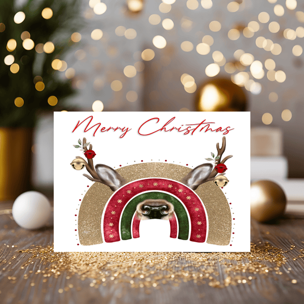Reindeer with Jingle Bells Christmas Card with Gold, Red and Green Rainbow, can be personalised - Rainbowprint.uk