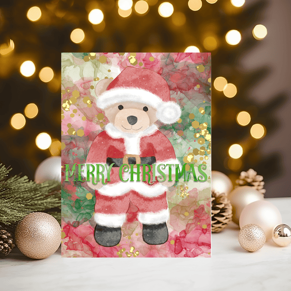 Santa Bear Christmas Greetings Card, can be personalised with any name on the front - Rainbowprint.uk