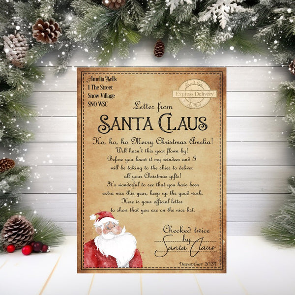 Personalised Santa Clause Christmas letter for children with vintage design and festive pinecone decoration