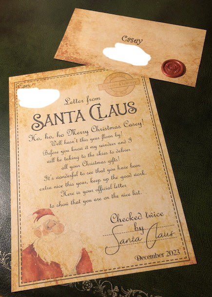 Santa Clause Christmas letter for children from rainbowprintshop with personalised name and festive design