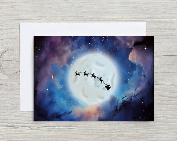 Santa's Sleigh Over the Moon Christmas Card: can be personalised - Rainbowprint.uk