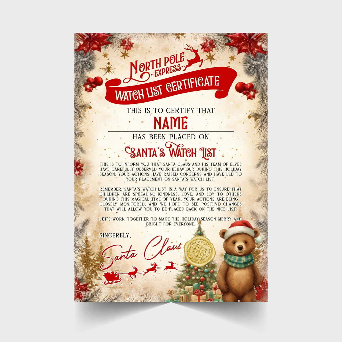 Santa's Watch List Certificate: Personalised Christmas Keepsake - Rainbowprint.uk