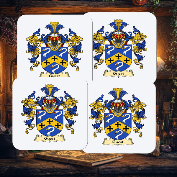 Set of 2 Personalised Family Crest Coasters: Heraldry Art, Surname Gift - Rainbowprint.uk