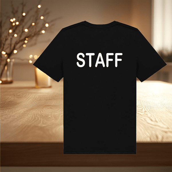STAFF T-Shirt - black with white text on the front or back - Rainbowprint.uk