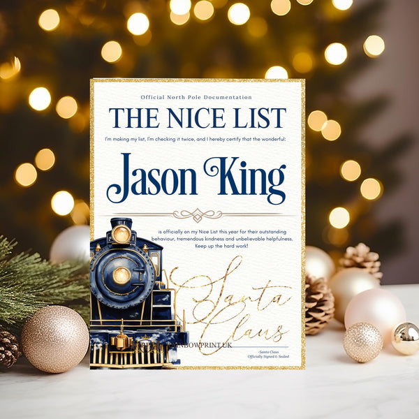 Steam Train Nice List Certificate from Santa Claus at the North Pole personalised 2025 Keepsake - help them believe in Santa - Pink or Navy - Rainbowprint.uk