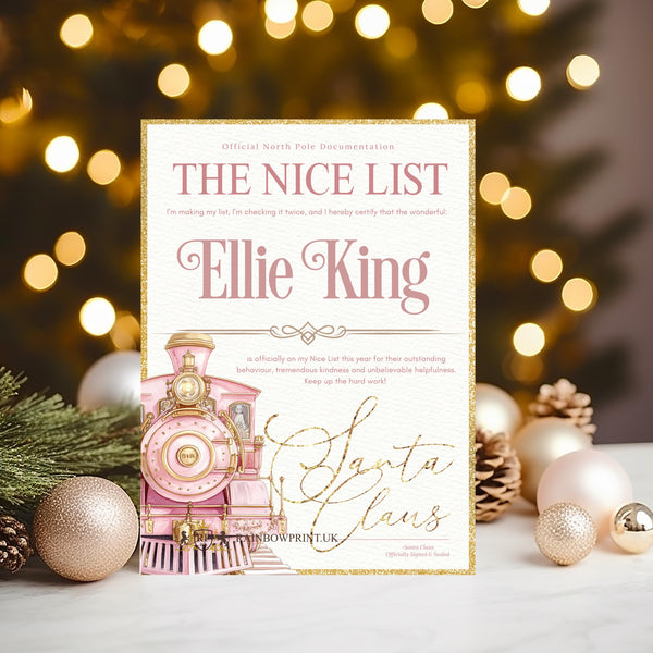Steam Train Nice List Certificate from Santa Claus at the North Pole personalised 2025 Keepsake - help them believe in Santa - Pink or Navy - Rainbowprint.uk