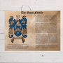 Surname history print wall art family with detailed coat of arms and historical text on parchment background