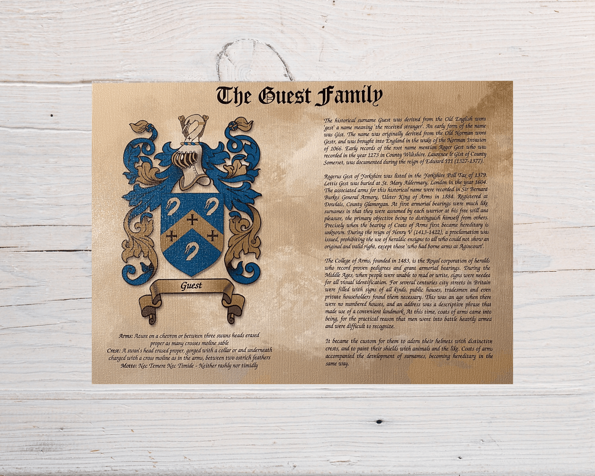 Surname history print wall art family with detailed coat of arms and historical text on parchment background
