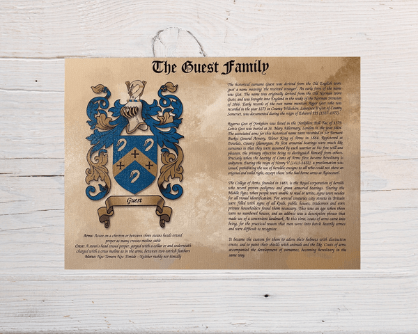Surname history print wall art family with detailed coat of arms and historical text on parchment background