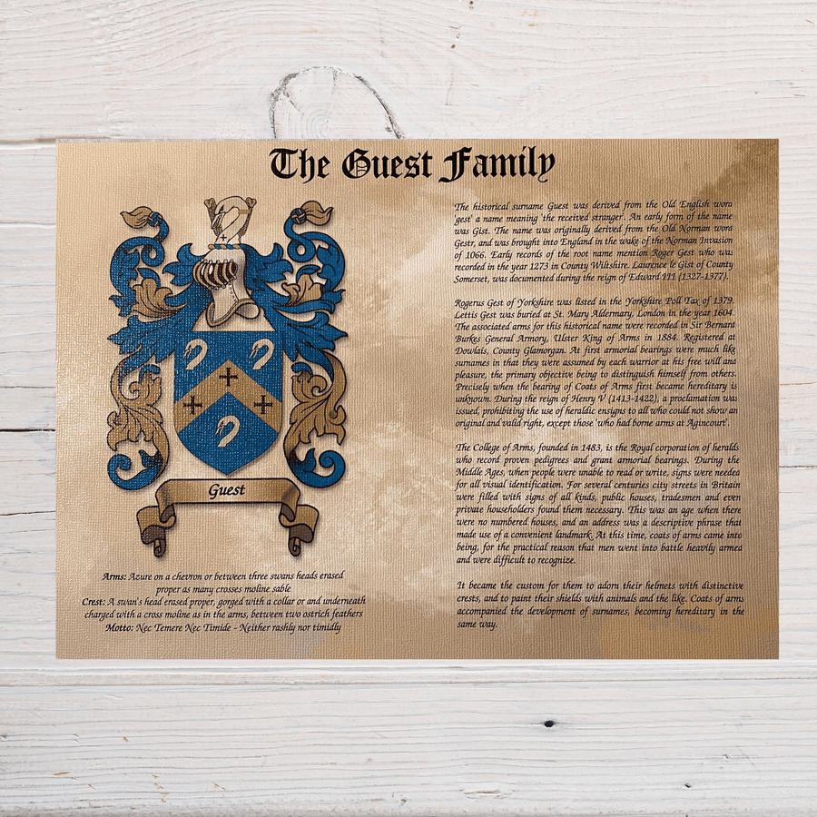 Surname history wall art family with detailed coat of arms and historical text on parchment background