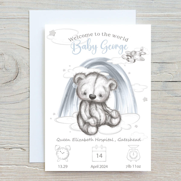 Teddy Bear Baby Birth Stats Card: Keepsake Gift for New Parents - Rainbowprint.uk