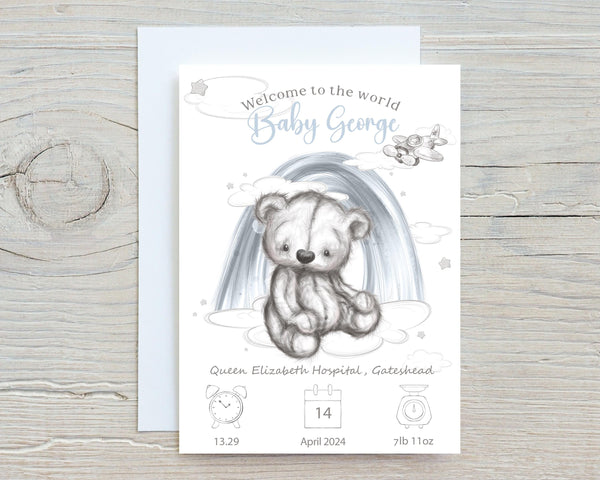 Teddy Bear Baby Birth Stats Card: Keepsake Gift for New Parents - Rainbowprint.uk