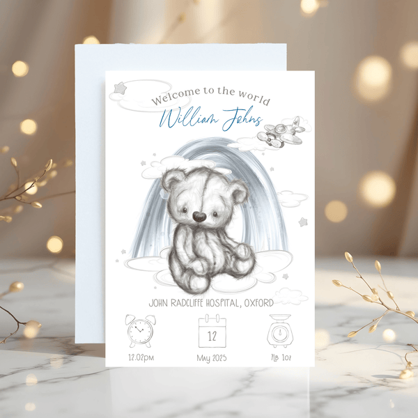 Teddy Bear Baby Birth Stats Card: Keepsake Gift for New Parents - Rainbowprint.uk