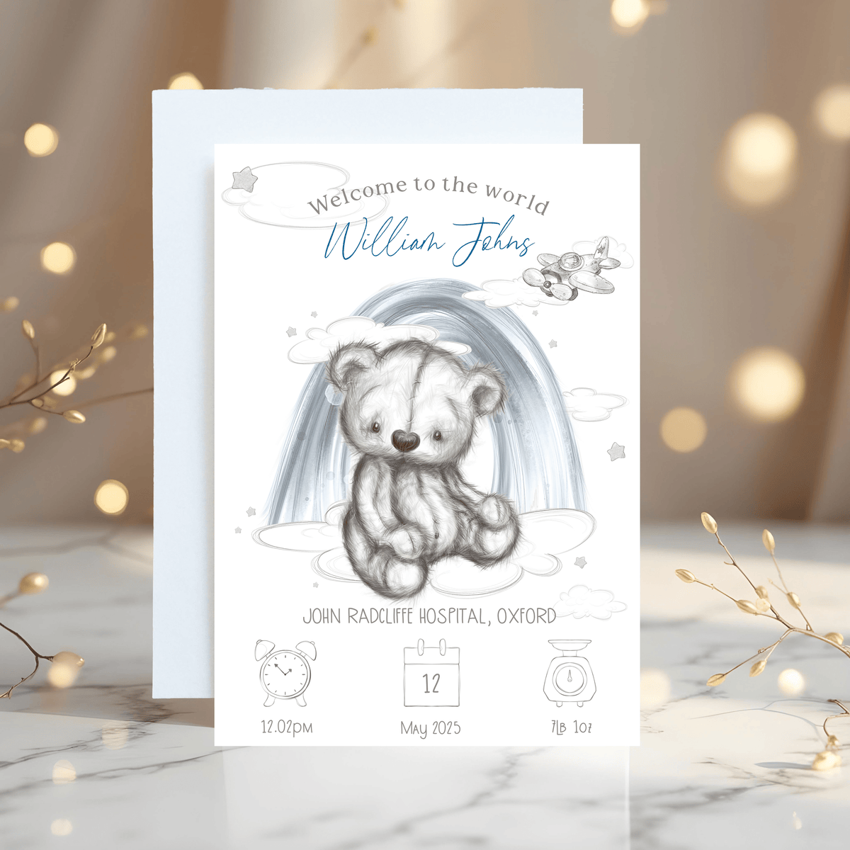 Teddy Bear Baby Birth Stats Card: Keepsake Gift for New Parents - Rainbowprint.uk