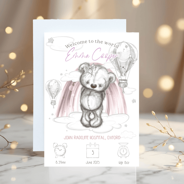 Teddy Bear Baby Birth Stats Card: Keepsake Gift for New Parents - Rainbowprint.uk