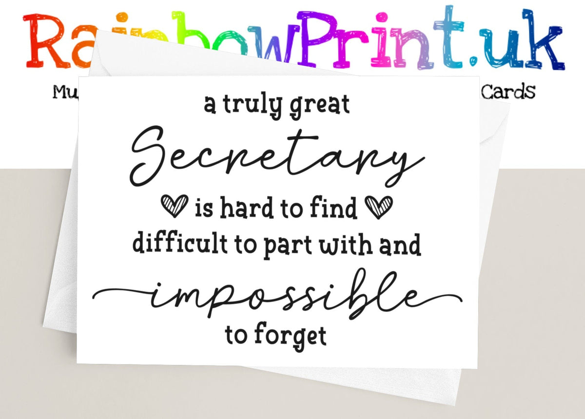 Thank You Secretary Greetings Card: can be Personalised - Rainbowprint.uk