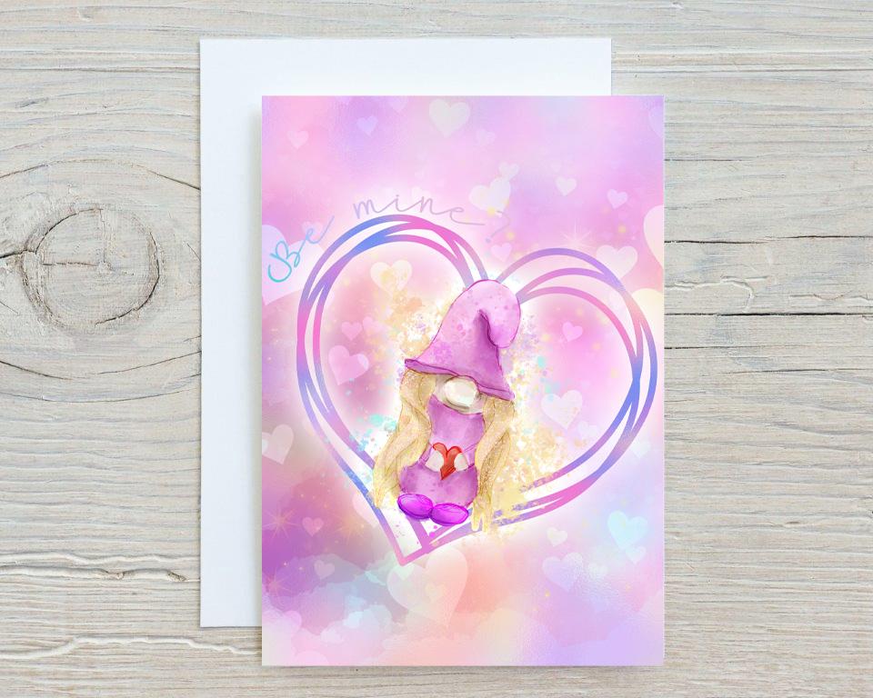 Valentines Gnome Be Mine A5 Glossy Personalised Card, with any name printed on the front - Love, , Valentine, Wife, Fiancée, Girlfriend - Rainbowprint.uk