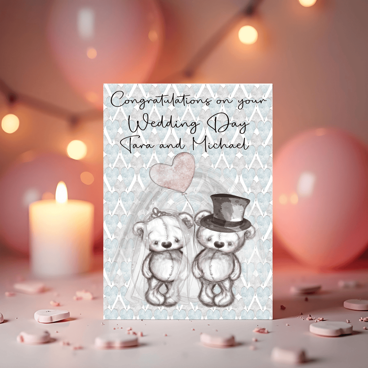 Wedding Day Personalised Greetings Card: any wording on the front - Rainbowprint.uk