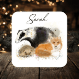 Wildlife Coaster, Fox, Badger, Hedgehog Coaster personalised with any Wording, Message - ideal gift - Rainbowprint.uk