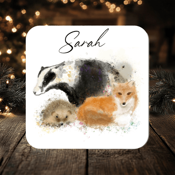 Wildlife Coaster, Fox, Badger, Hedgehog Coaster personalised with any Wording, Message - ideal gift - Rainbowprint.uk