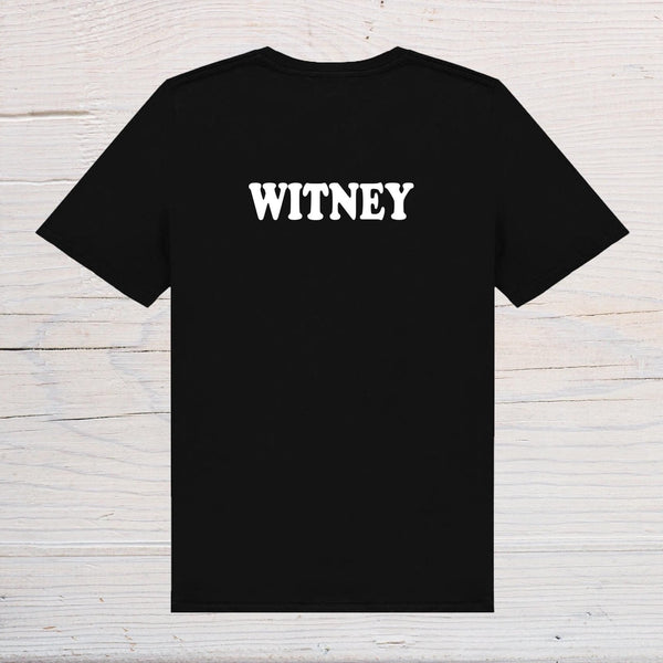 Witney T-Shirt - black with white text, on front or back, ideal holidays, jokes, tours, gifts, trend setters will wear this! - Rainbowprint.uk