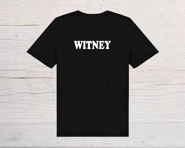 Witney T-Shirt - black with white text, on front or back, ideal holidays, jokes, tours, gifts, trend setters will wear this! - Rainbowprint.uk