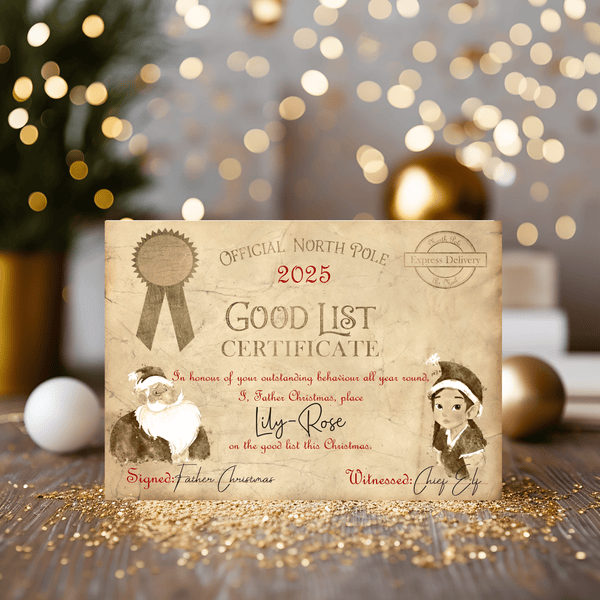 You're On the Good List Certificate from Santa Claus/Father Christmas - Personalised - A4 Keepsake - Make Christmas Magic for the Children - Rainbowprint.uk