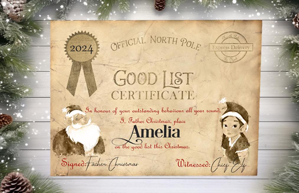 You're On the Nice List Certificate from Santa Claus/Father Christmas - Personalised - A4 Keepsake - Make Christmas Magic for the Children - Rainbowprint.uk