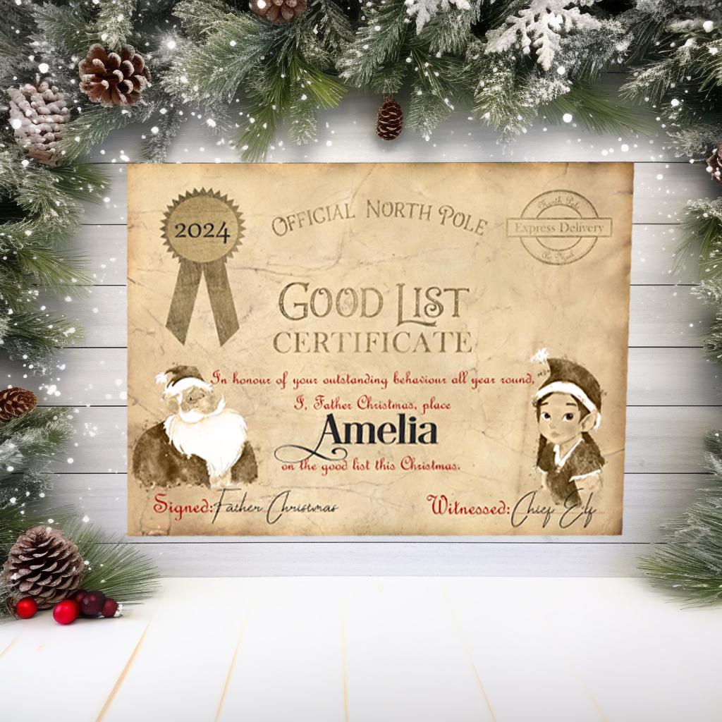 You're On the Nice List Certificate from Santa Claus/Father Christmas - Personalised - A4 Keepsake - Make Christmas Magic for the Children - Rainbowprint.uk