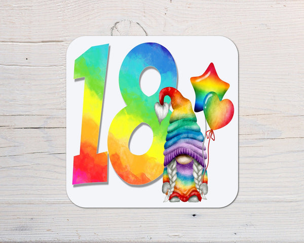 Ages Rainbow Gonk Coaster personalised with any wording - choose age - Rainbowprint.uk