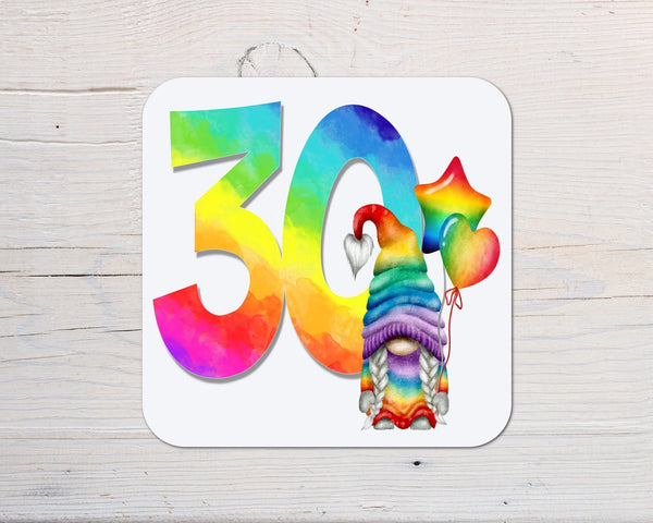 Ages Rainbow Gonk Coaster personalised with any wording - choose age - Rainbowprint.uk