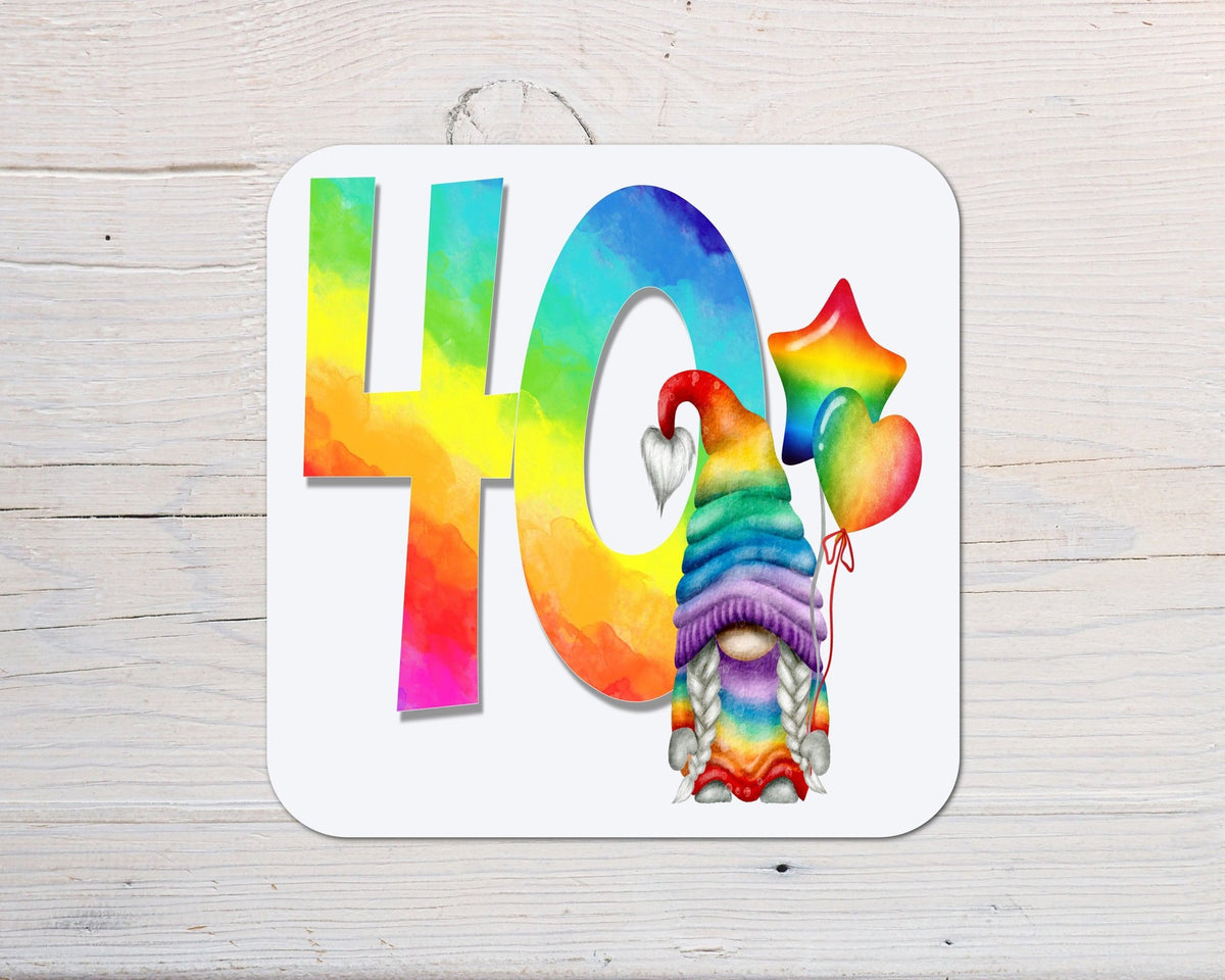 Ages Rainbow Gonk Coaster personalised with any wording - choose age - Rainbowprint.uk