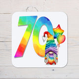 Ages Rainbow Gonk Coaster personalised with any wording - choose age - Rainbowprint.uk