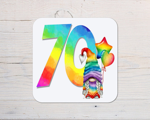 Ages Rainbow Gonk Coaster personalised with any wording - choose age - Rainbowprint.uk