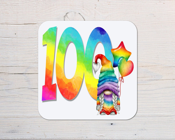 Ages Rainbow Gonk Coaster personalised with any wording - choose age - Rainbowprint.uk